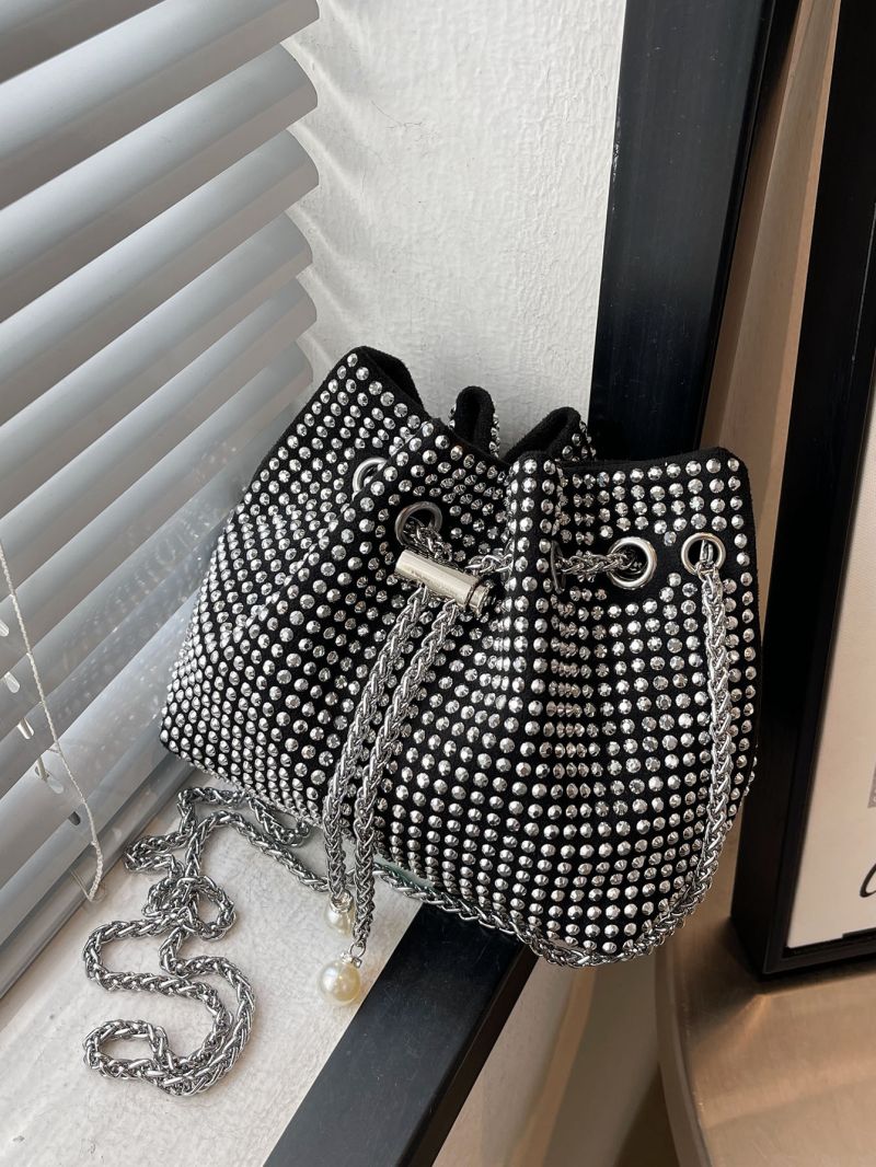 Mini Rhinestone & Faux Pearl Decor Drawstring Design Chain Bucket Bag
