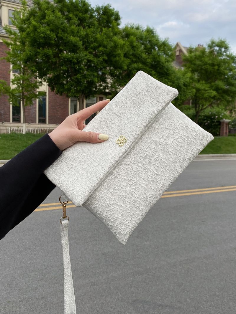 Litchi Embossed Lucky Clover Decor Flap Square Bag With Wristlet