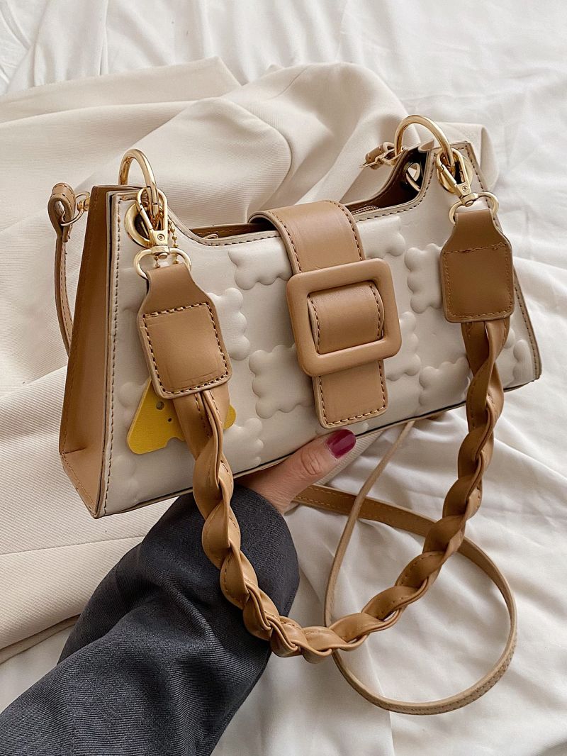 Embossed Detail Buckle Decor Baguette Bag