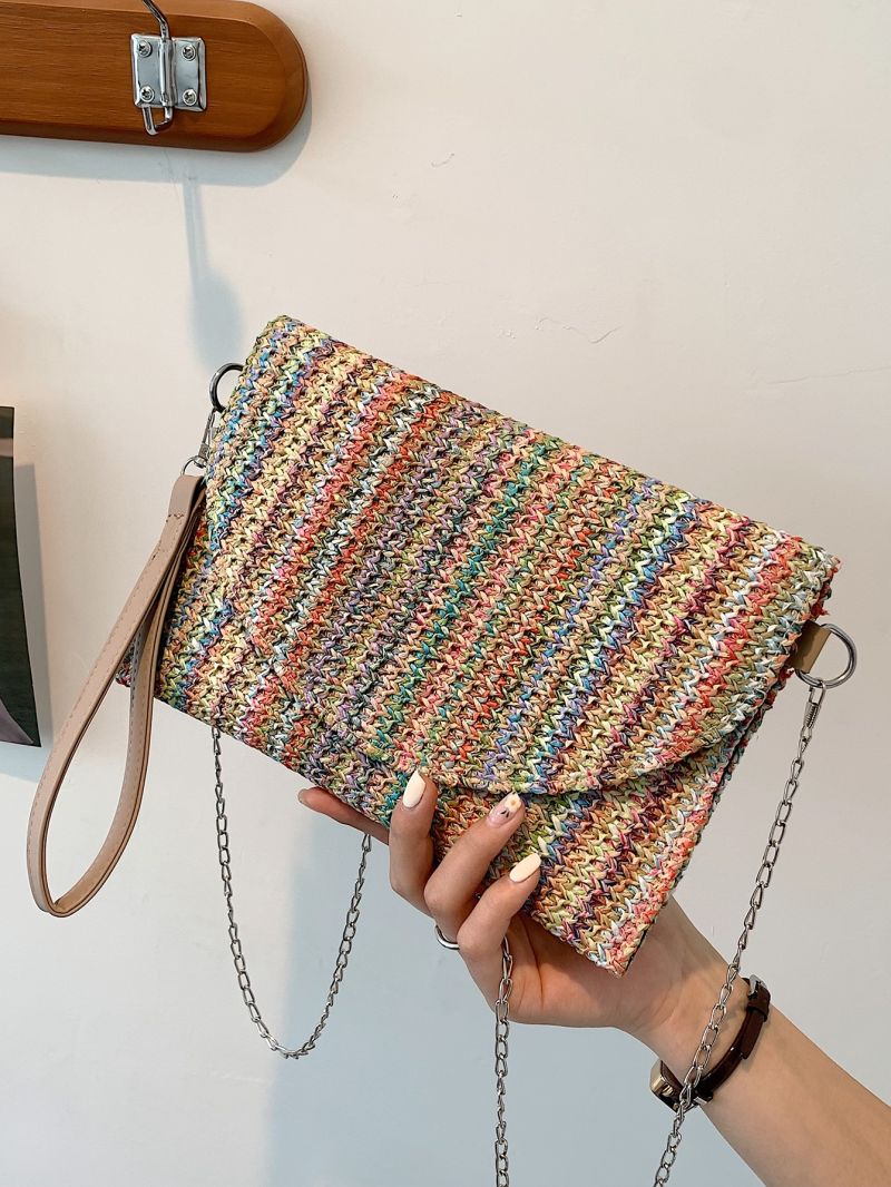 Block Striped Pattern Chain Flap Straw Bag