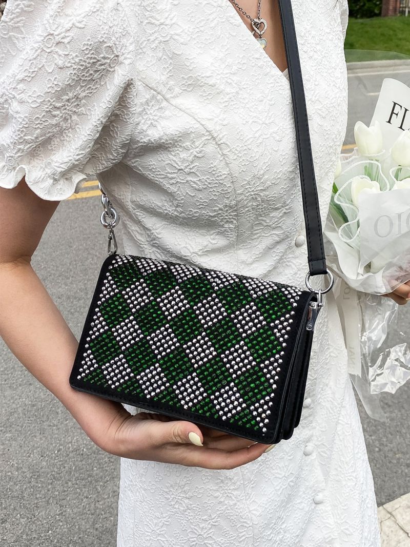 Rhinestone Checkered Decor Flap Square Bag