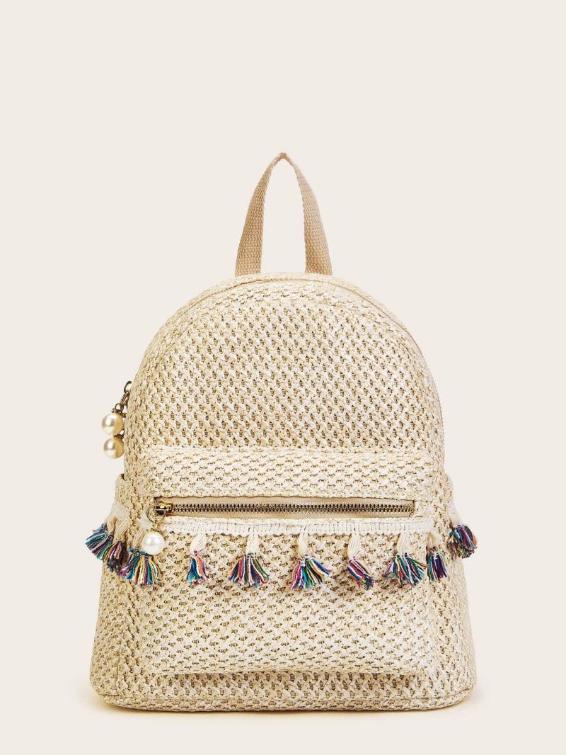 Tassel Decor Pocket Front Woven Backpack