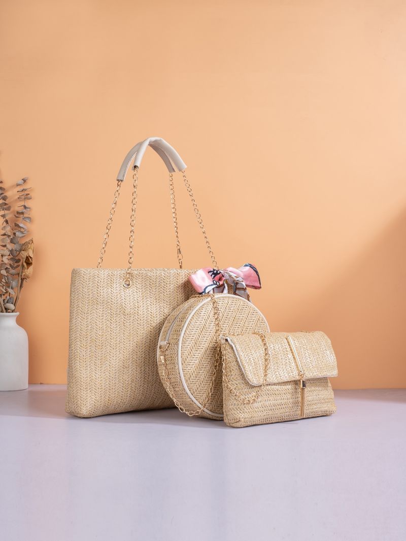 3pcs Twilly Scarf Graphic Straw Bag Set