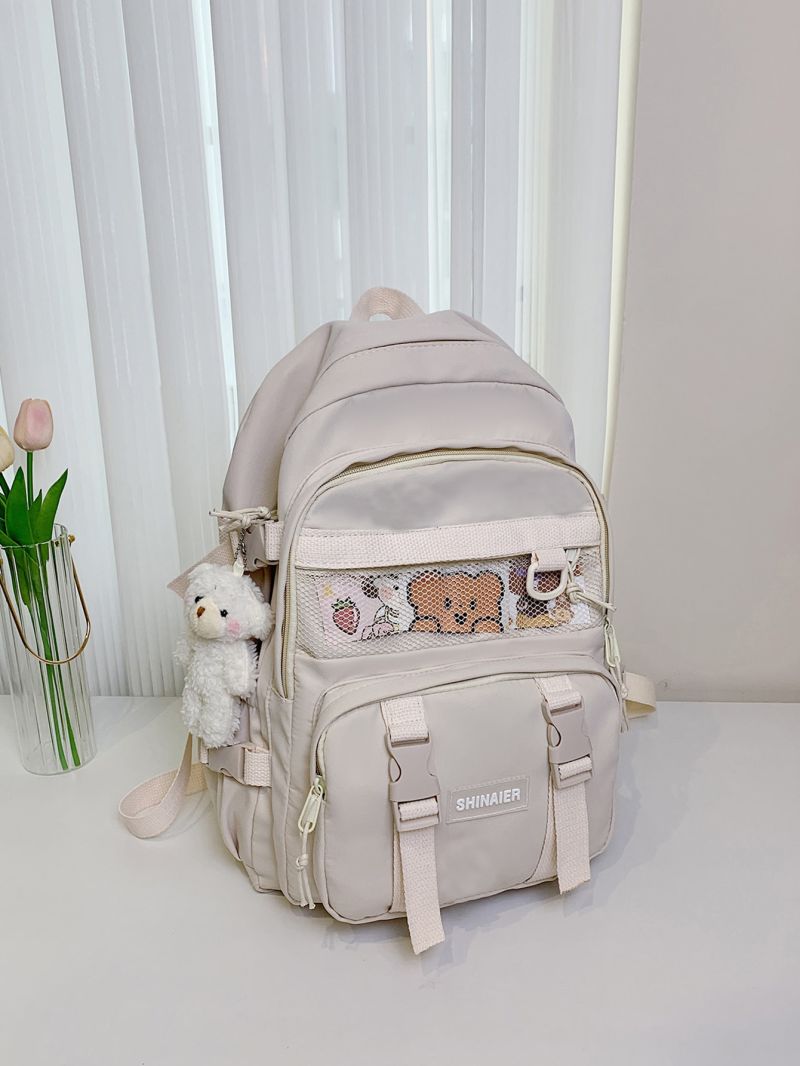 Mesh Panel Letter Patch Decor Functional Backpack With Bear Bag Charm