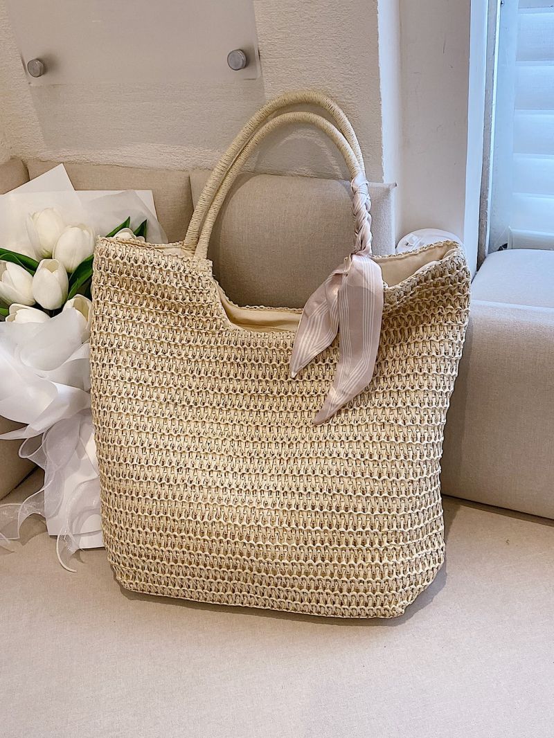Twilly Scarf Decor Straw Bag Large Capacity Shoulder Tote Bag For Vacation