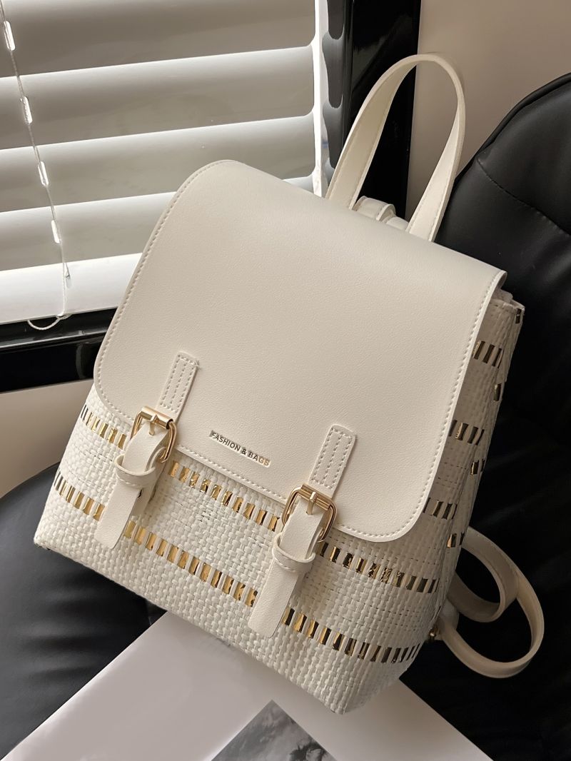 Letter Embossed Metal Buckle Decor Flap Straw Bag