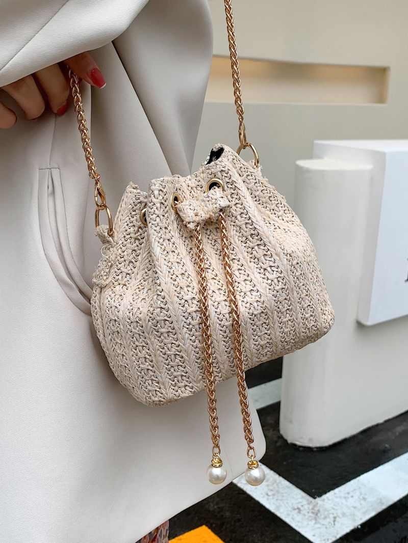 Mini Chain & Faux Pearl Decor Straw Bag