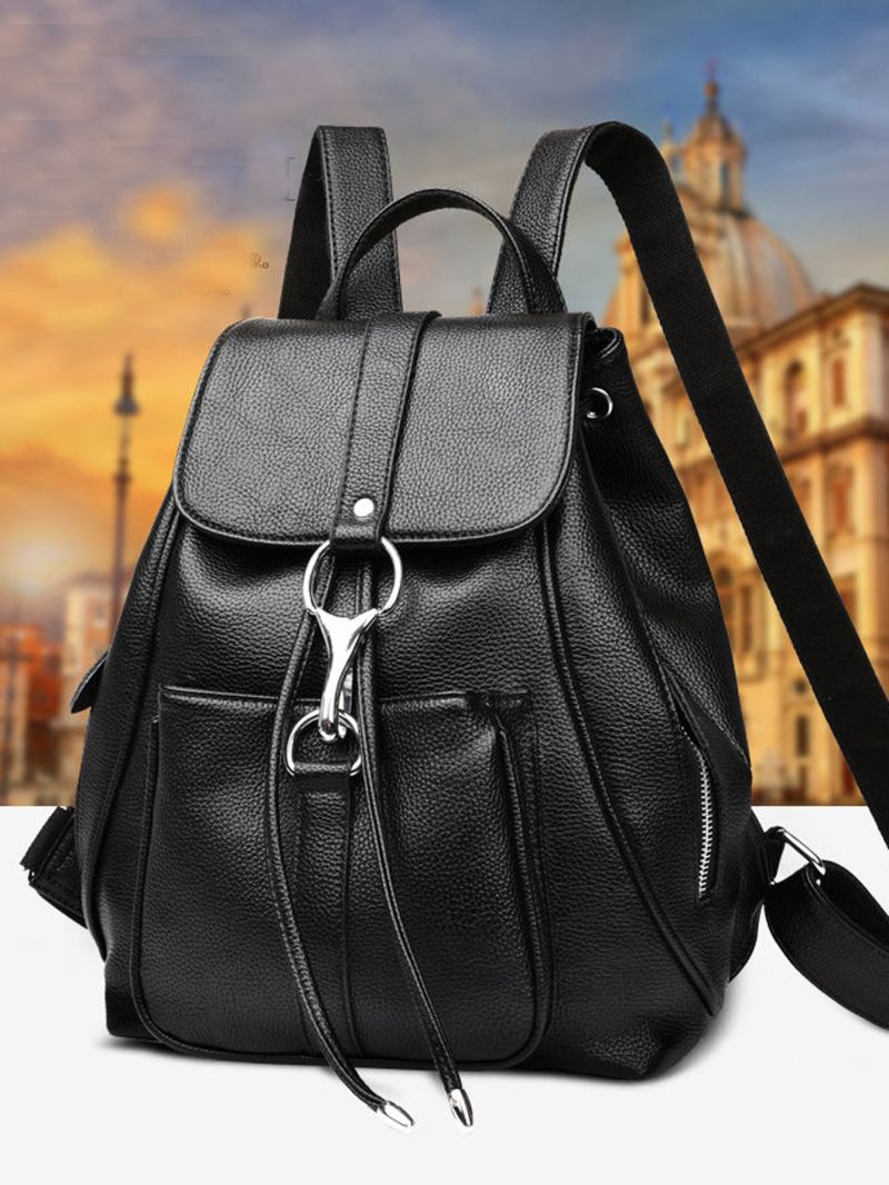 Litchi Embossed Horsebit Decor Flap Backpack