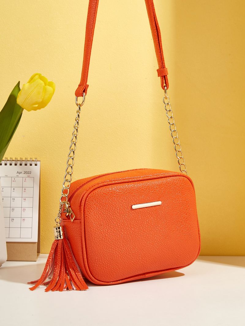 Mini Litchi Embossed Tassel & Metal Decor Square Bag