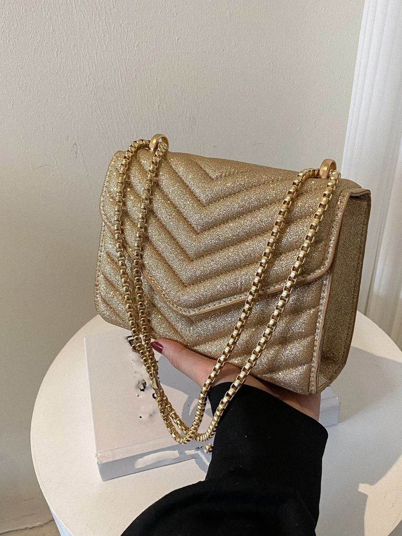 Mini Glitter Chevron Chain Flap Square Bag