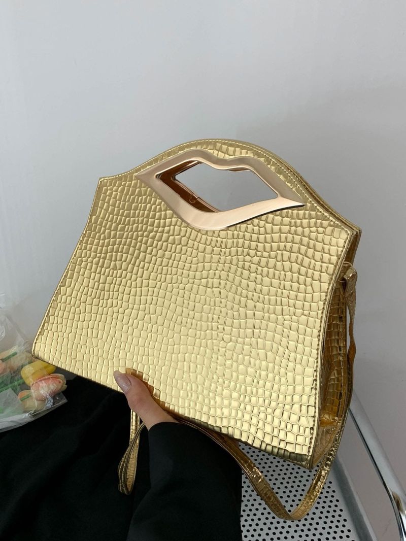 Metallic Crocodile Embossed Lip Decor Top Handle Bag