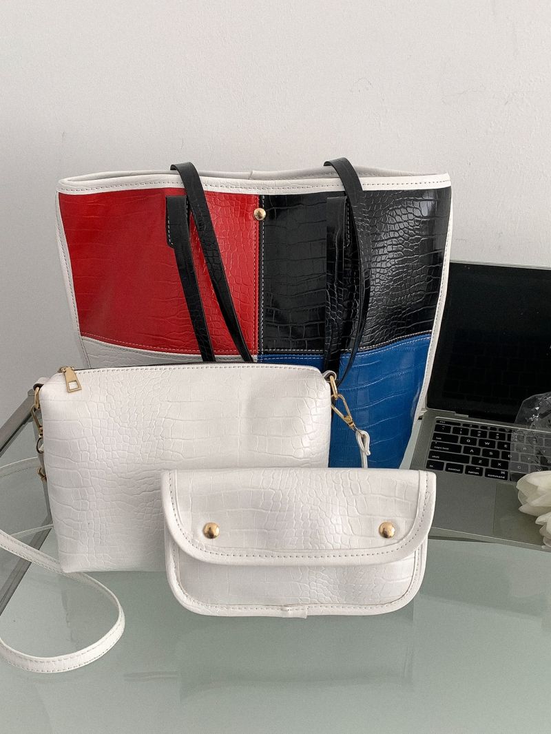 3pcs Color Block Crocodile Embossed Tote Bag Set