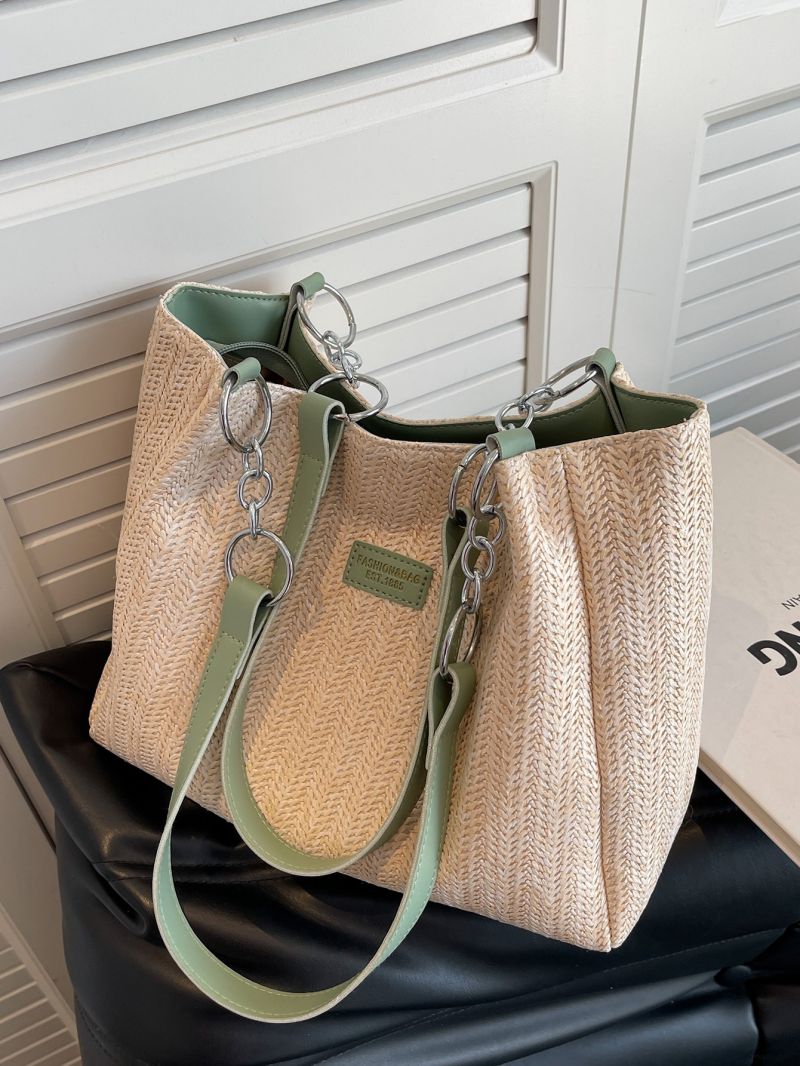 Letter Patch Decor Straw Bag