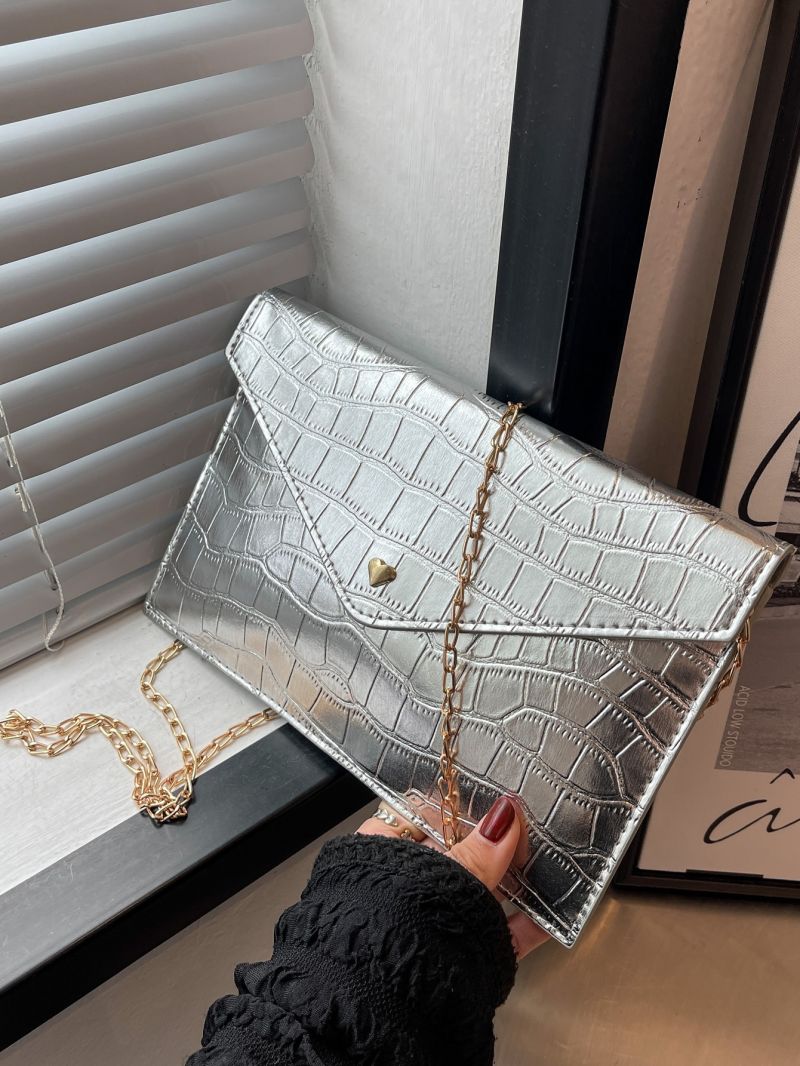 Metallic Crocodile Embossed Chain Flap Square Bag