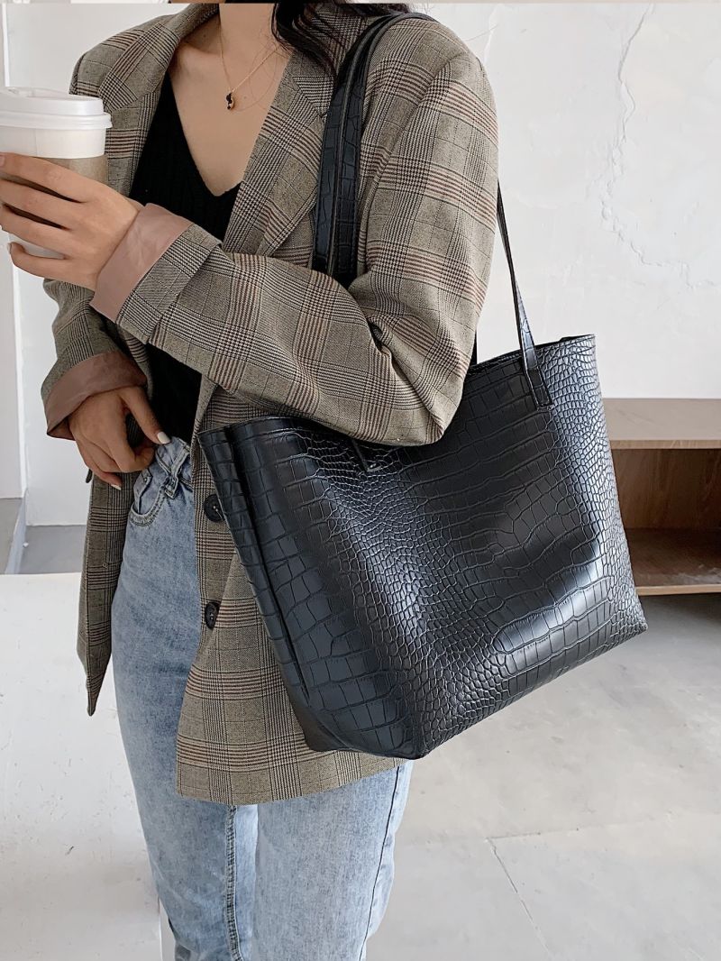 Crocodile Embossed Shoulder Tote Bag With Inner Pouch