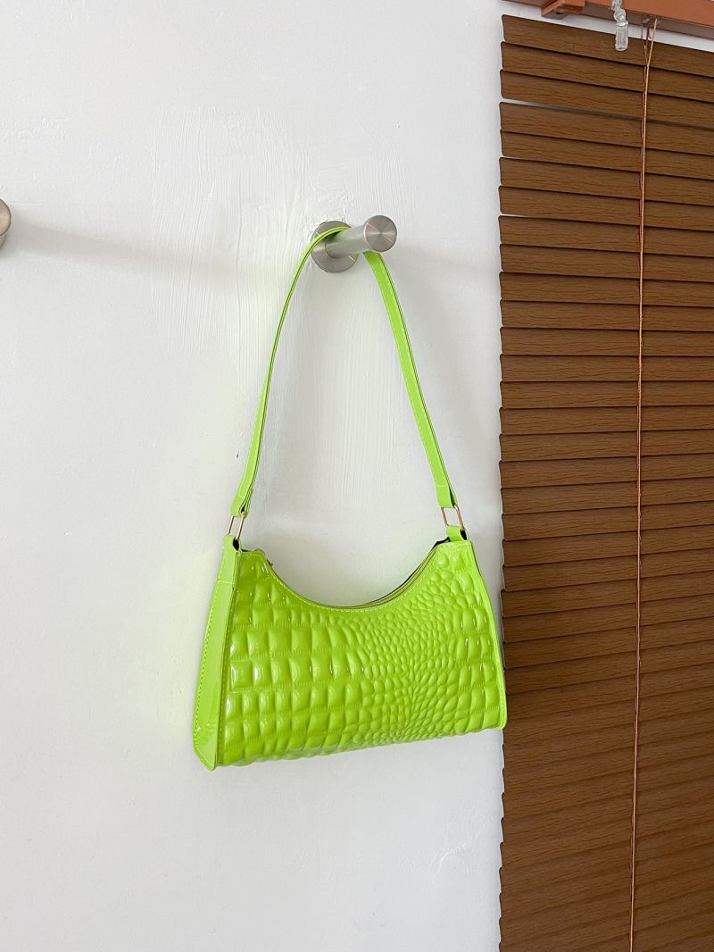 Neon-Green Crocodile Embossed Artificial Patent Leather Baguette Bag