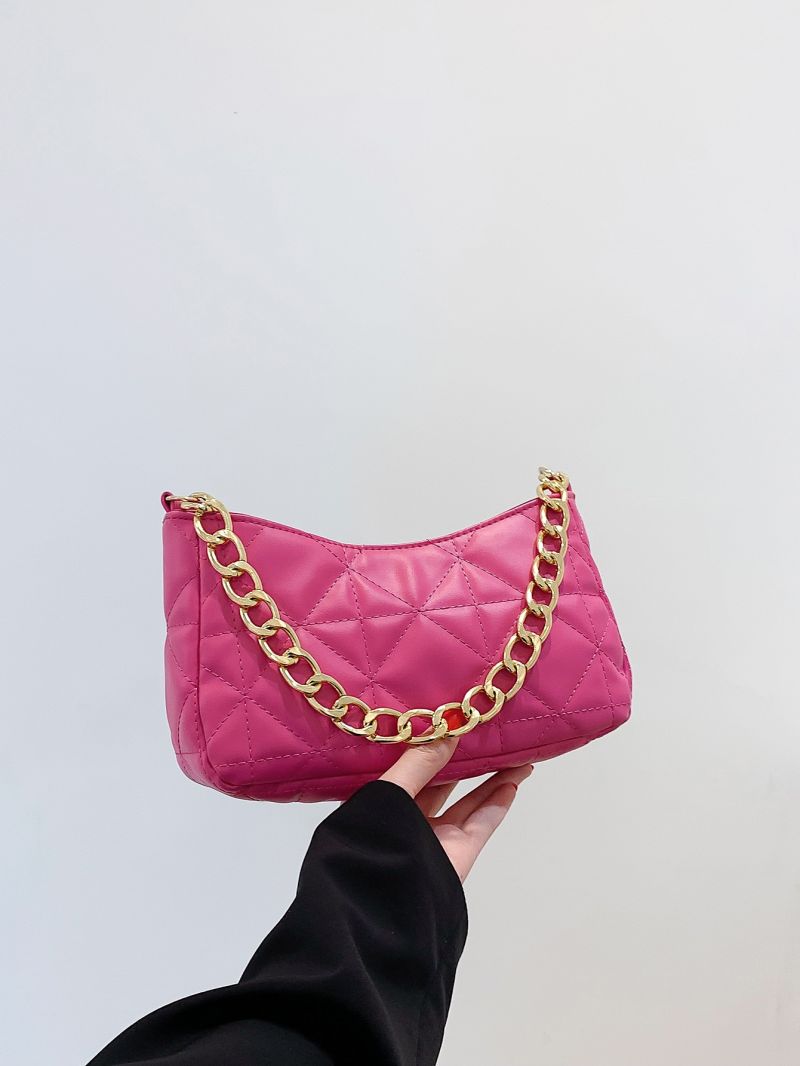 Neon Pink Quilted Chain Baguette Bag