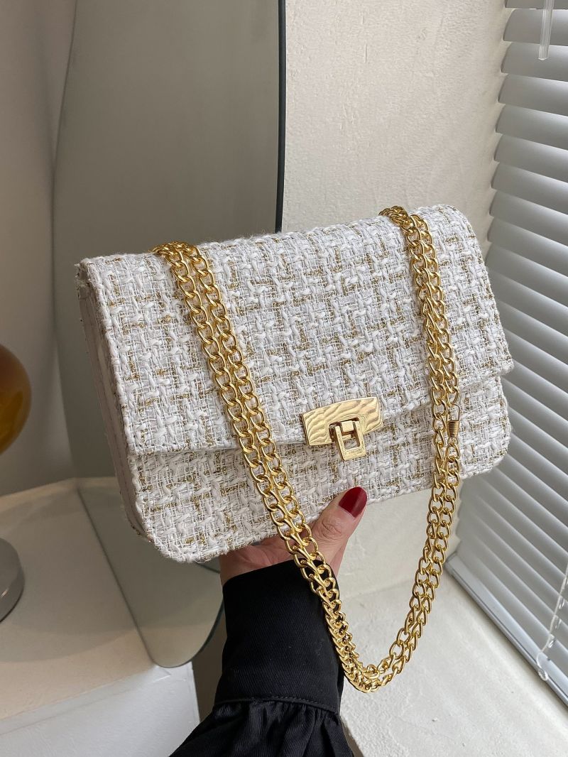Plaid Pattern Flap Chain Tweed Square Bag