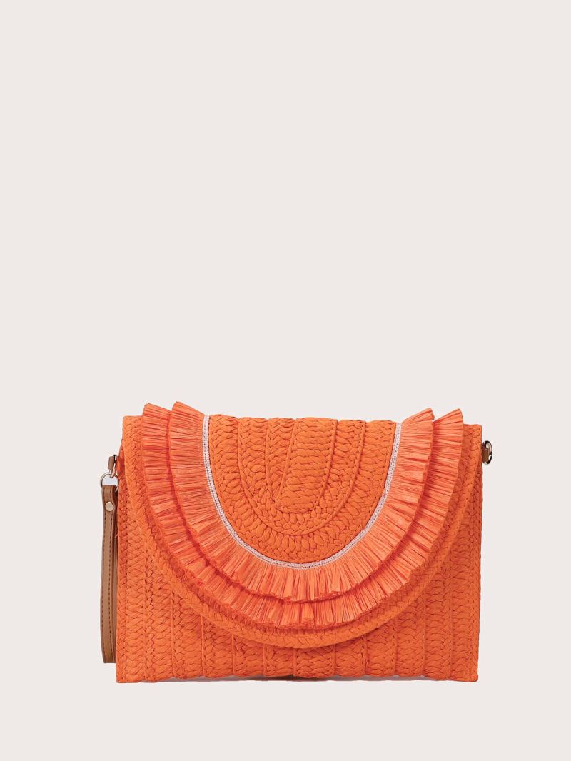 Mini Flap Straw Bag Paper Raw Hem Neon Orange