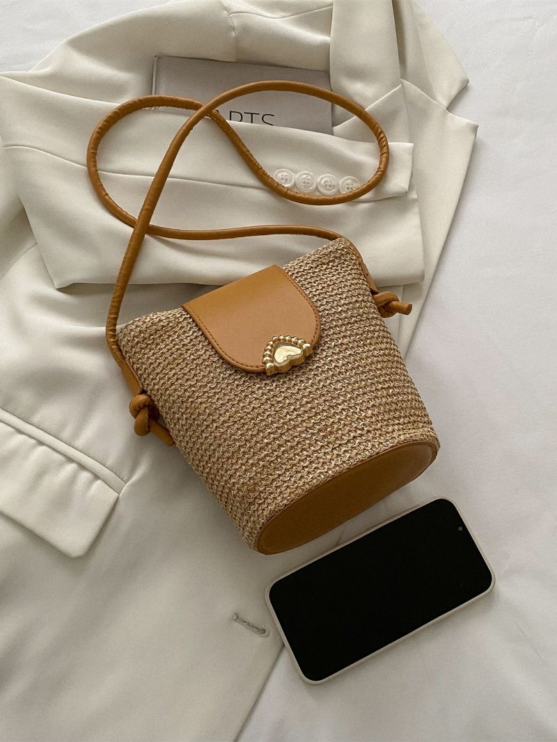 Mini Metal Heart Decor Straw Bag