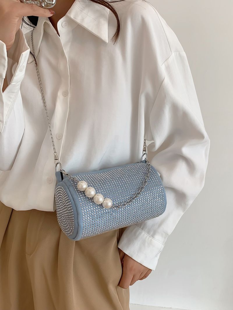 Mini Rhinestone & Faux Pearl Decor Chain Bucket Bag