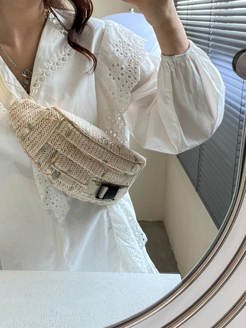 Mini Floral Embroidered Release Buckle Decor Straw Bag