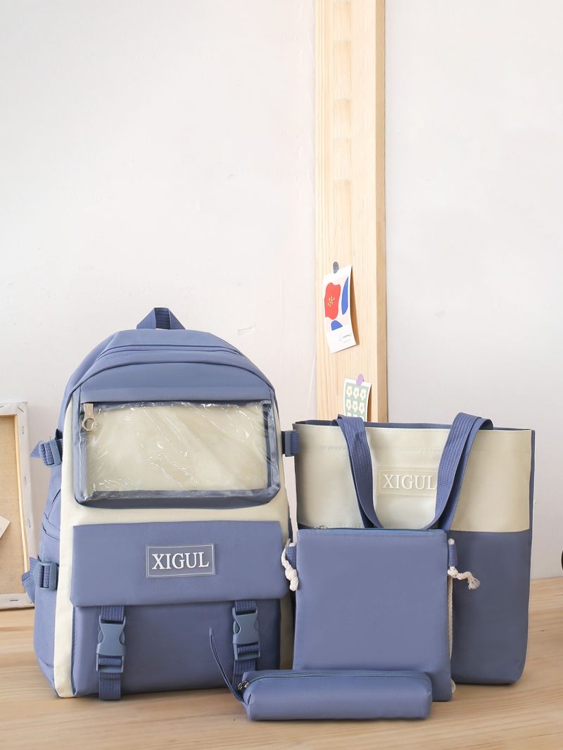 4pcs Patch Detail Release Buckle Decor Functional Backpack Set