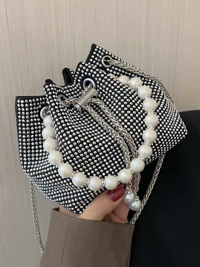 Studded Decor Faux Pearl Beaded Drawstring Design Chain Bucket Bag