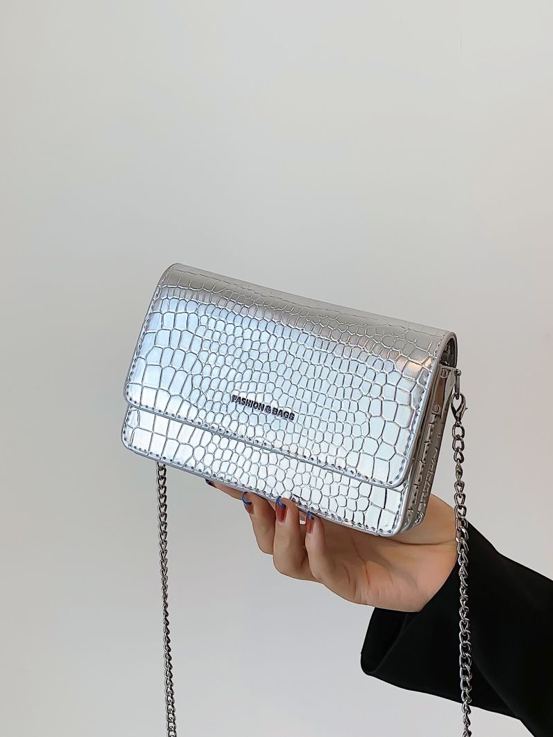 Mini Metallic Crocodile Embossed Flap Square Bag