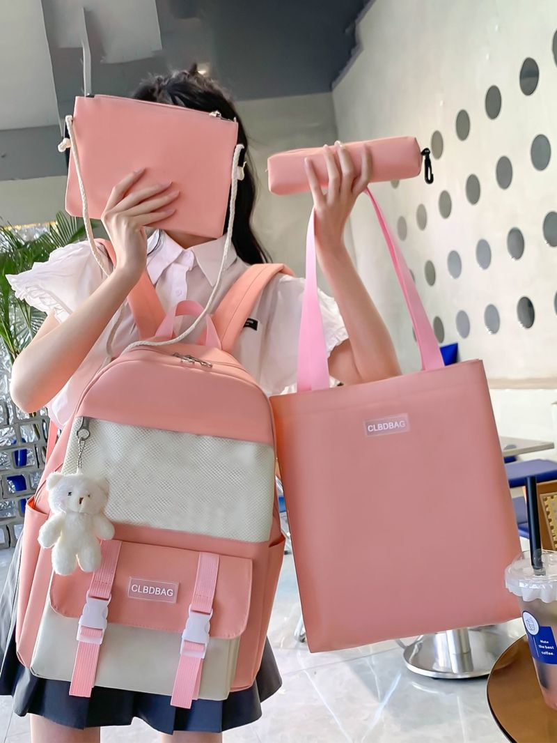 4pcs Letter Patch Decor Functional Backpack Set With Bag Charm