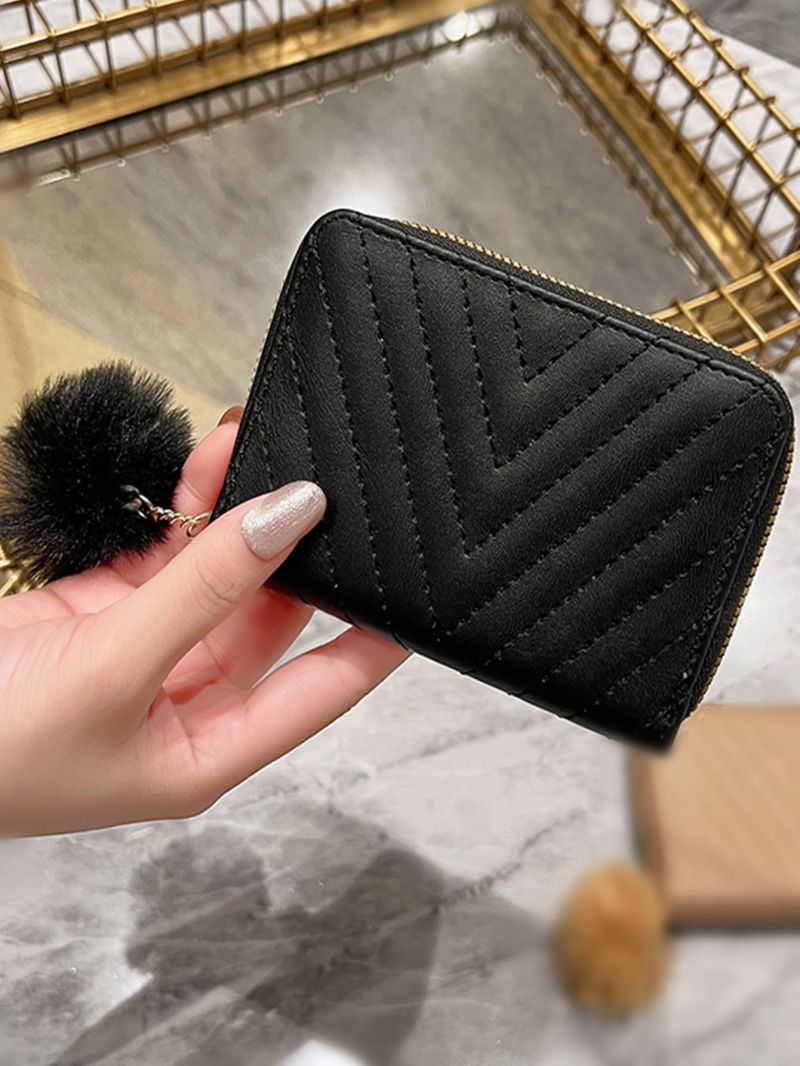 Chevron Quilted Pom Pom Decor Coin Purse