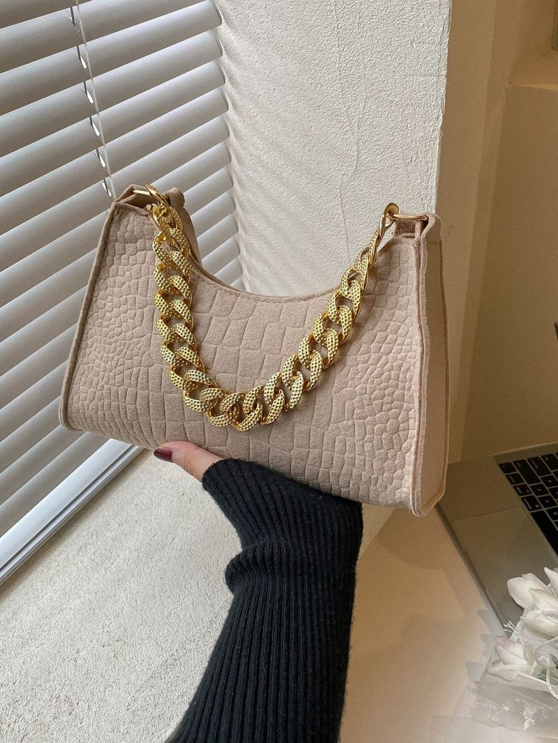 Crocodile Embossed Chain Felt Baguette Bag