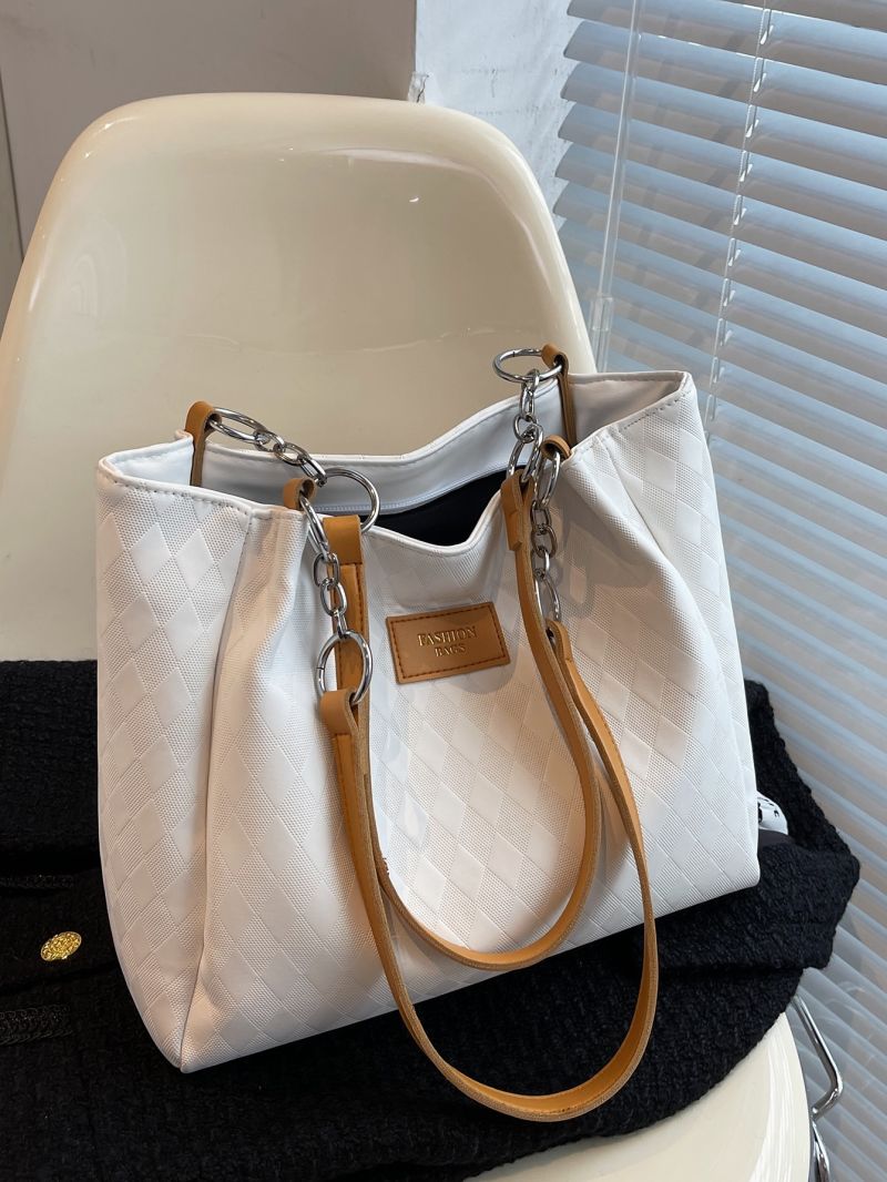 Argyle Pattern Letter Patch Shoulder Tote Bag