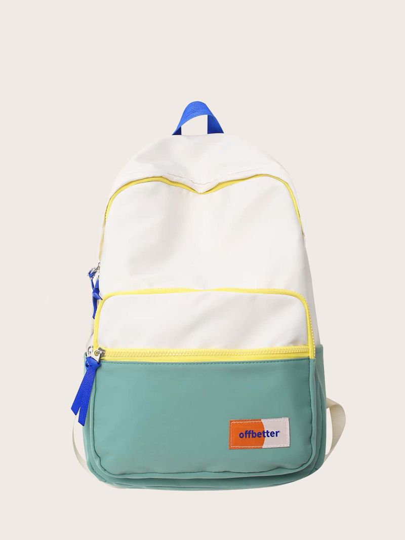 Color Block Letter Patch Decor Functional Backpack