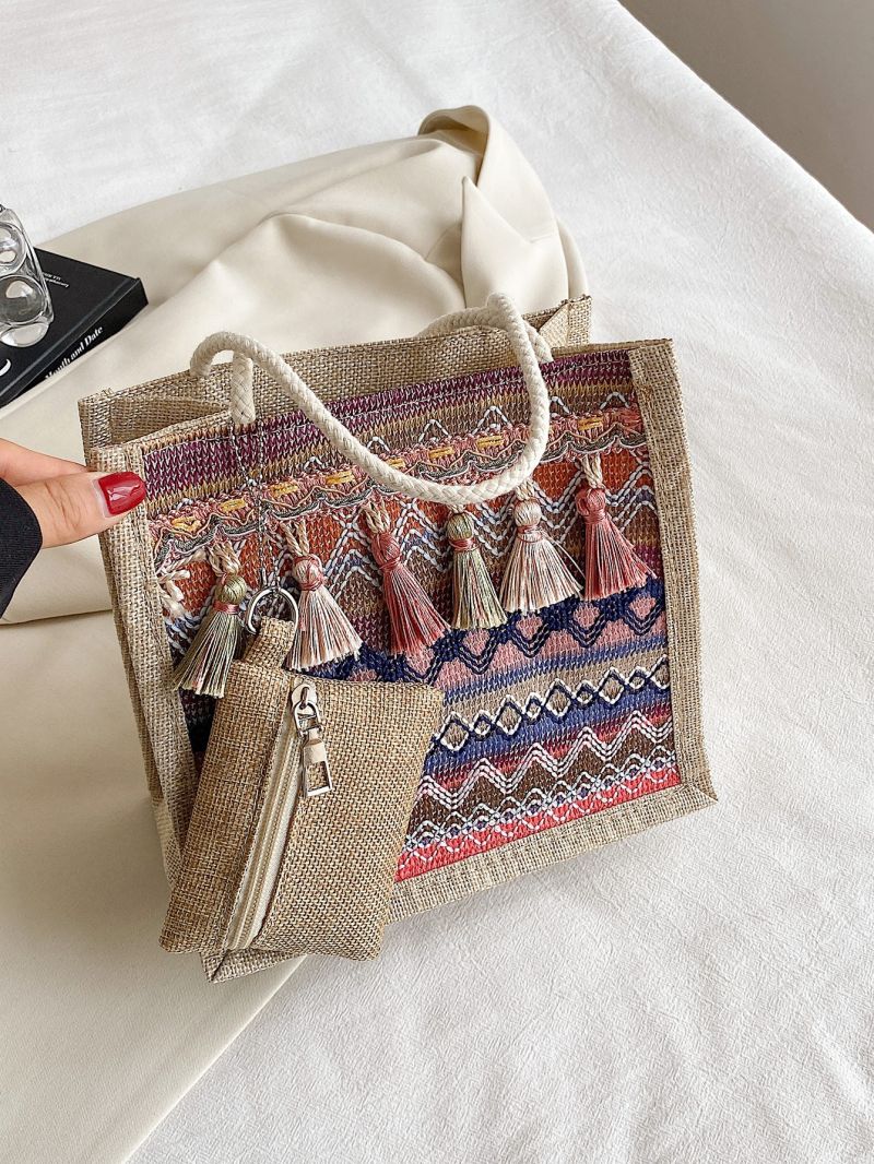 Geometric Pattern Colorblock Tassel Decor Square Bag With Coin Purse