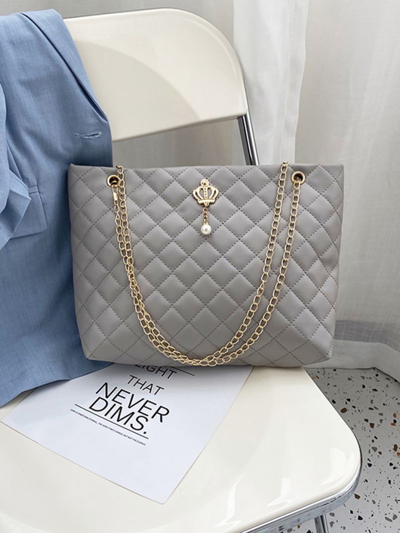 Geometric Quilted Faux Pearl Decor Shoulder Tote Bag