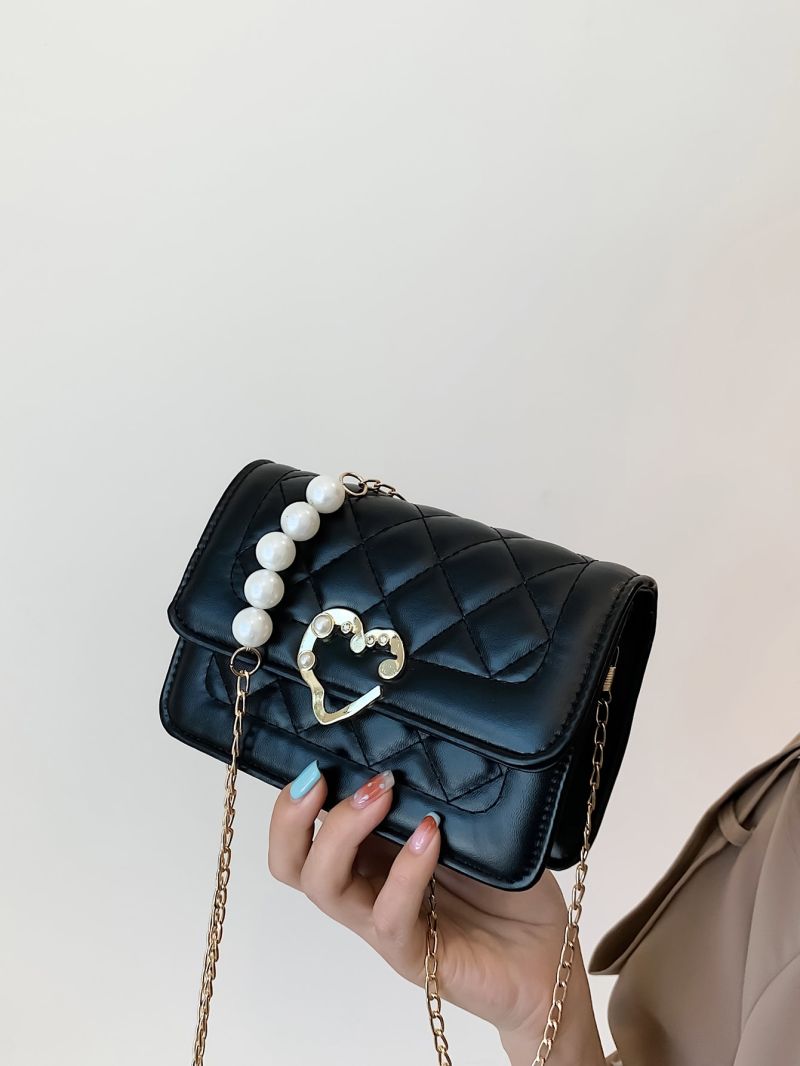 Mini Heart & Faux Pearl Decor Quilted Flap Chain Square Bag