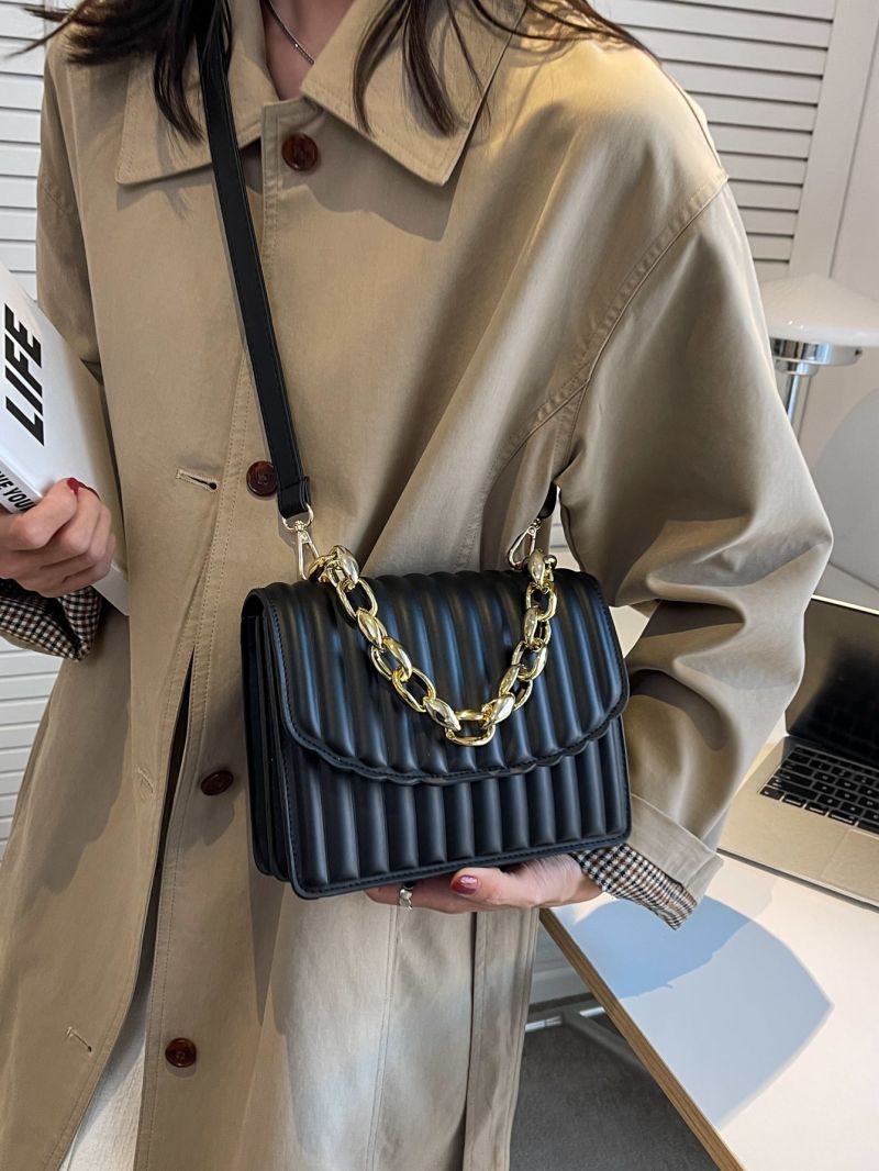 Mini Striped Embossed Chain Decor Flap Square Bag