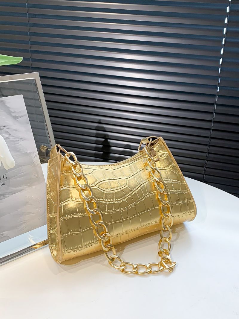 Metallic Crocodile Embossed Chain Baguette Bag