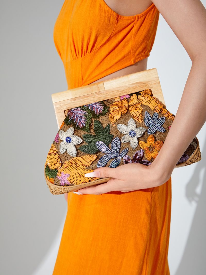 VCAY Floral Embroidered Sequin Decor Straw Bag