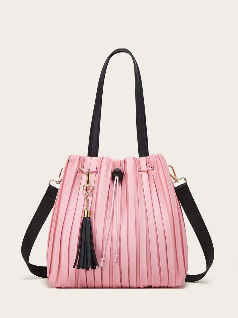 Tassel Decor Drawstring Pleated Bucket Bag