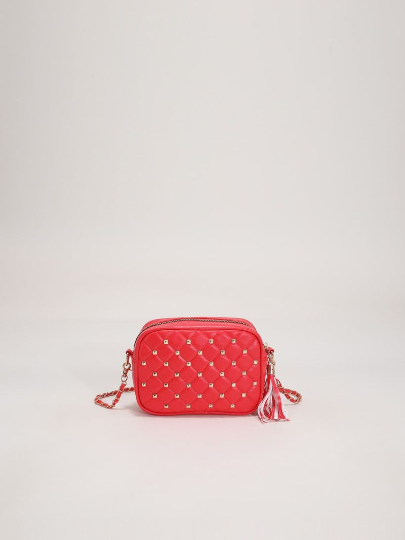 Mini Neon Red Quilted Tassel & Studded Decor Chain Square Bag
