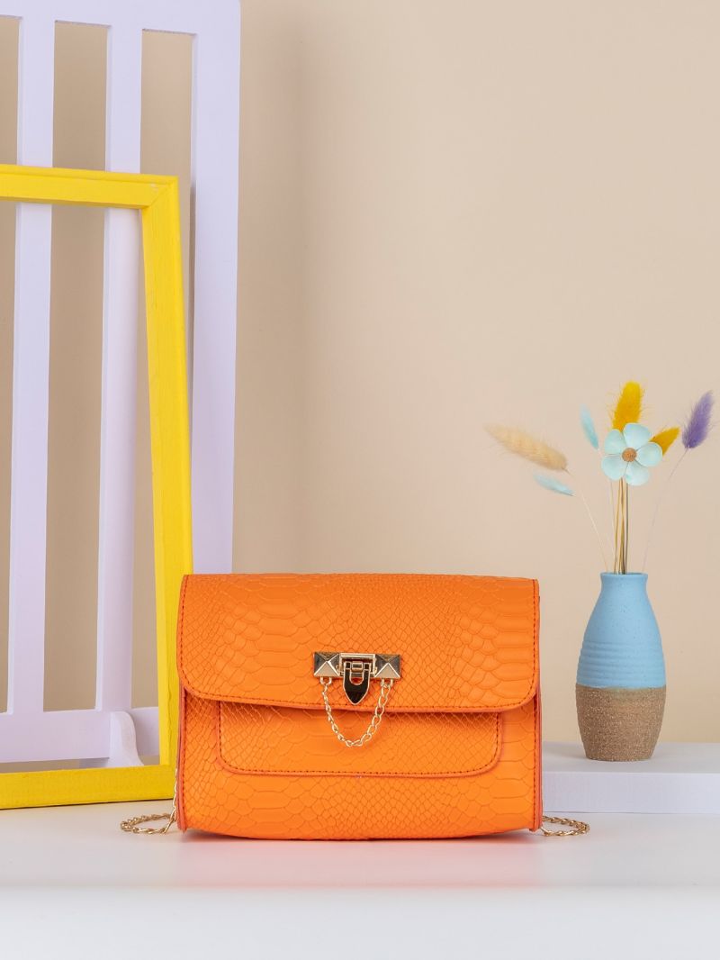 Neon Orange Snakeskin Embossed Flap Chain Square Bag
