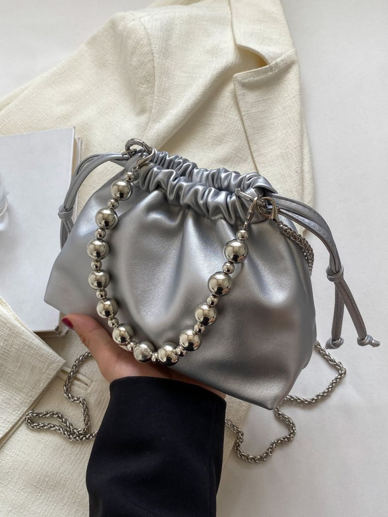 Mini Bead Decor Drawstring Design Chain Bucket Bag