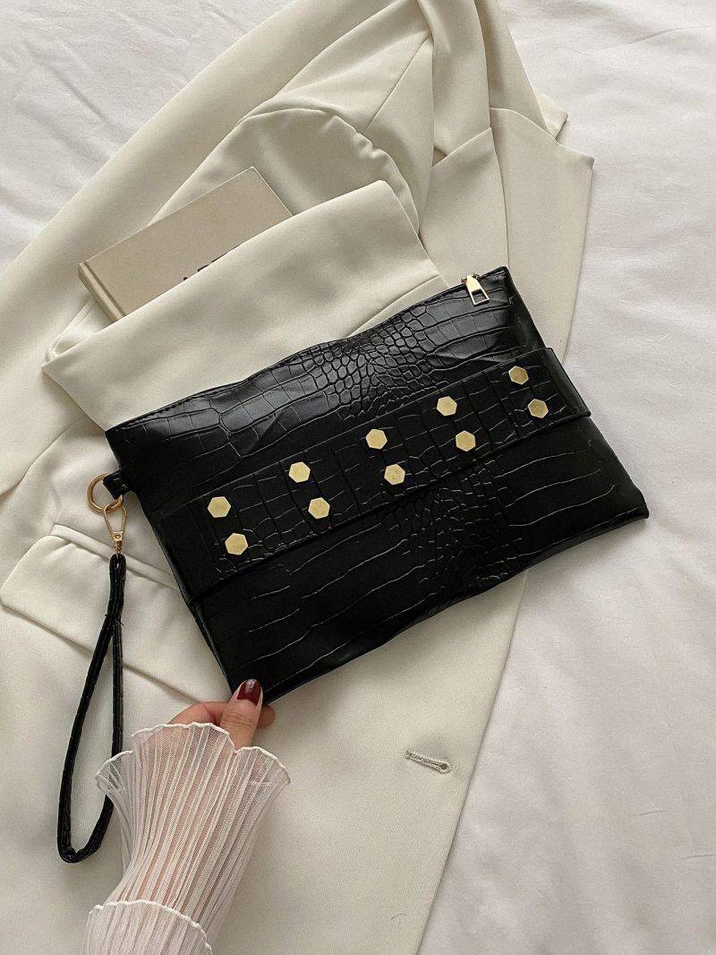 Crocodile Embossed Studded Decor Square Bag With Wristlet