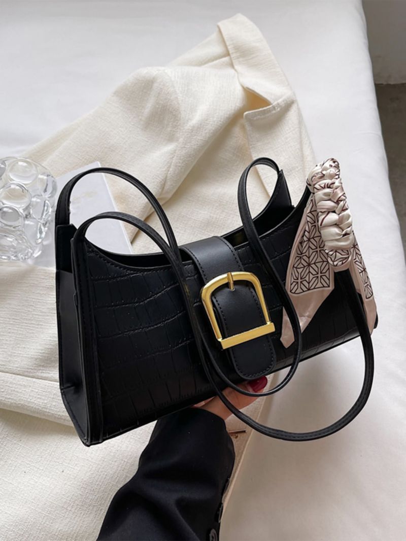 Twilly Scarf & Buckle Decor Crocodile Embossed Baguette Bag