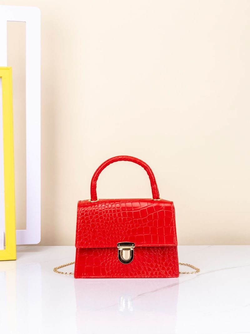 Mini Neon Red Crocodile Embossed Push Lock Square Bag