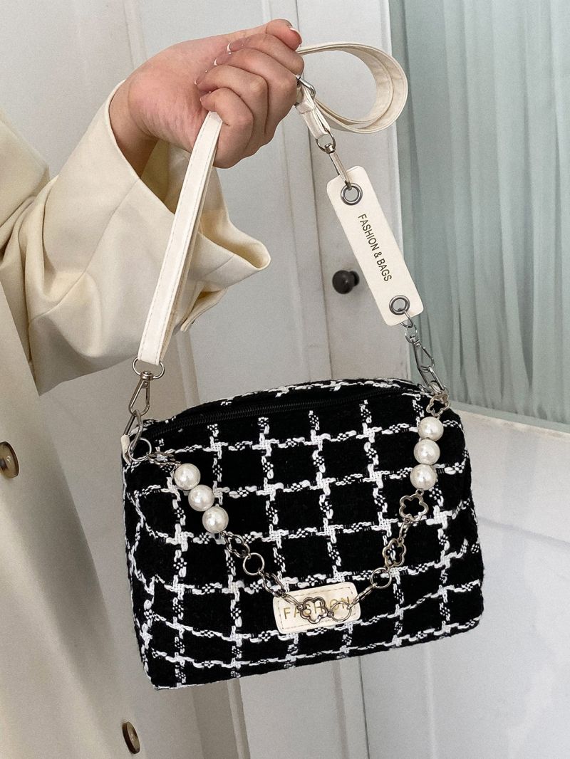 Plaid Pattern Letter Patch & Faux Pearl Decor Tweed Bucket Bag