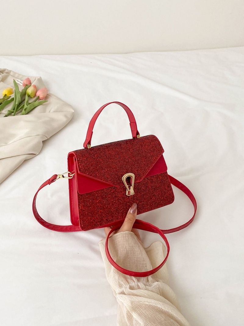 Rhinestone Decor Metal Lock Flap Square Bag