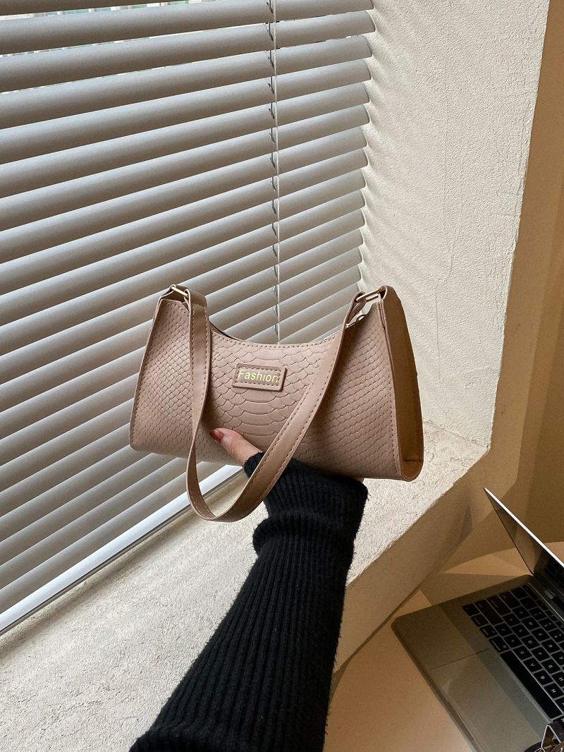 Snakeskin Embossed Letter Patch Decor Baguette Bag